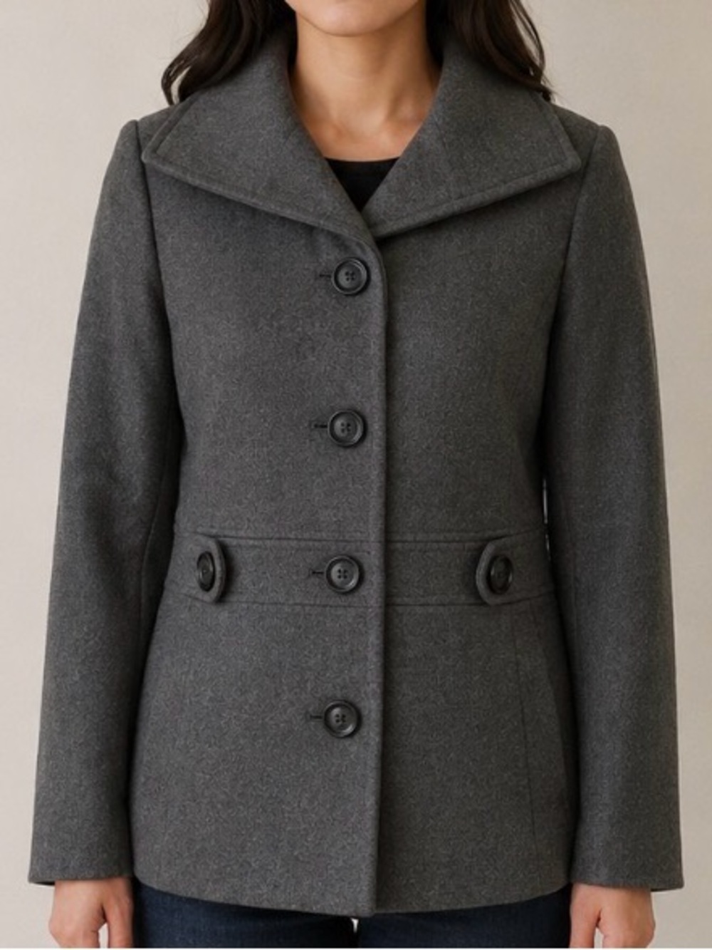 Gray Peacoat Jacket Petite Medium Classic Button Front Coat